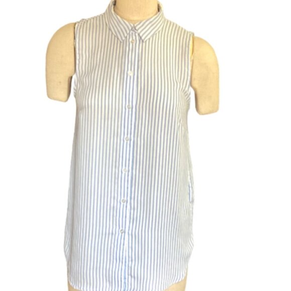 H&M Sleeveless Striped Button-Up Collared Tunic Top Sz 8 Blue & White 55P - Picture 1 of 7